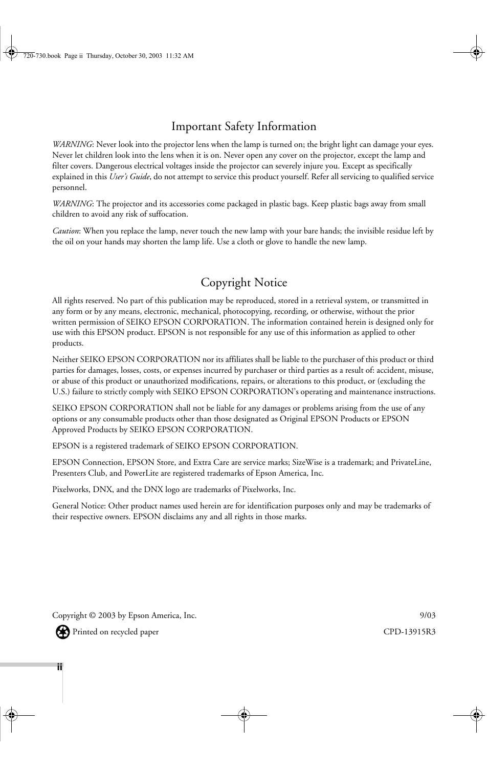 Important safety information, Copyright notice | Epson 730c User Manual | Page 2 / 106