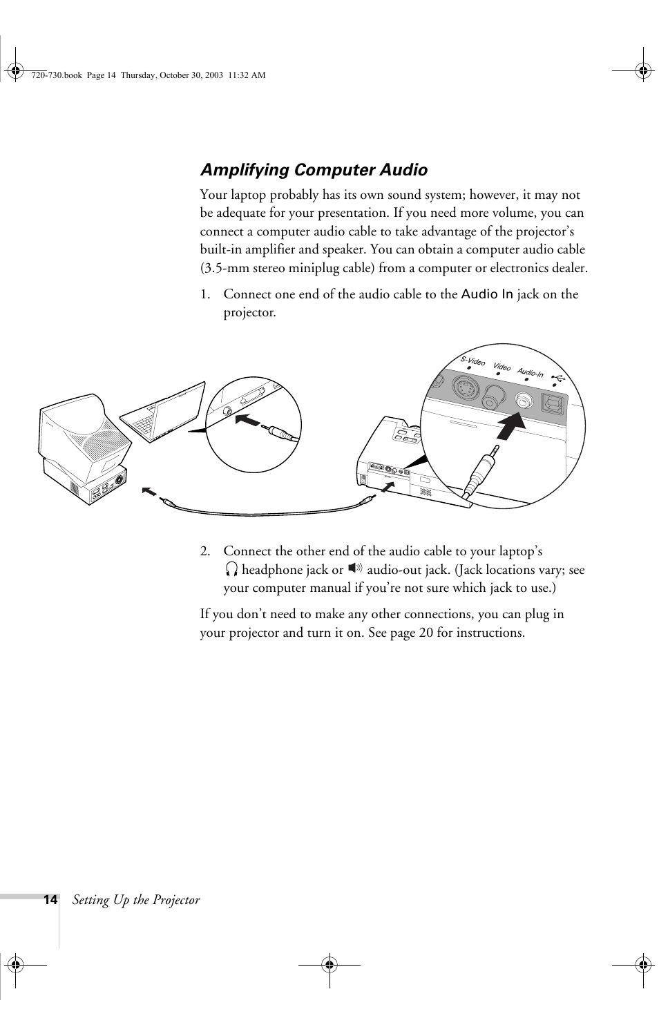 Amplifying computer audio | Epson 730c User Manual | Page 20 / 106
