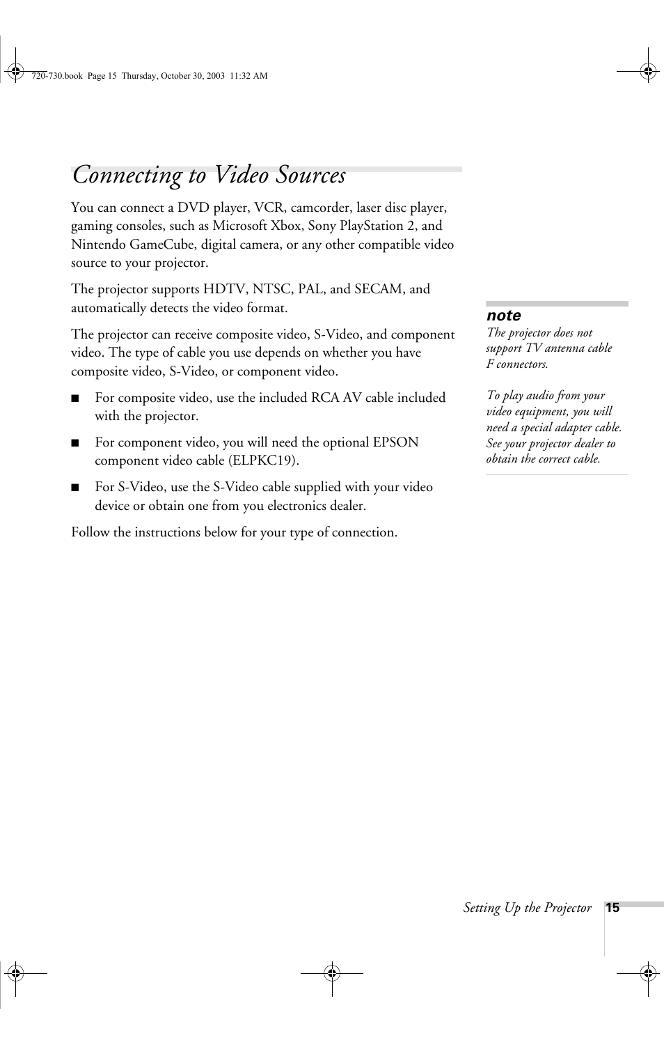Connecting to video sources | Epson 730c User Manual | Page 21 / 106