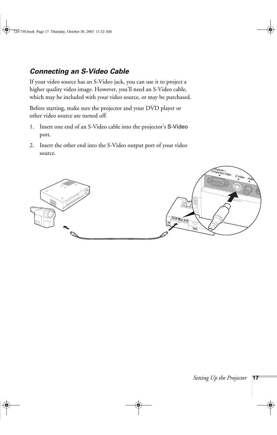 Connecting an s-video cable | Epson 730c User Manual | Page 23 / 106