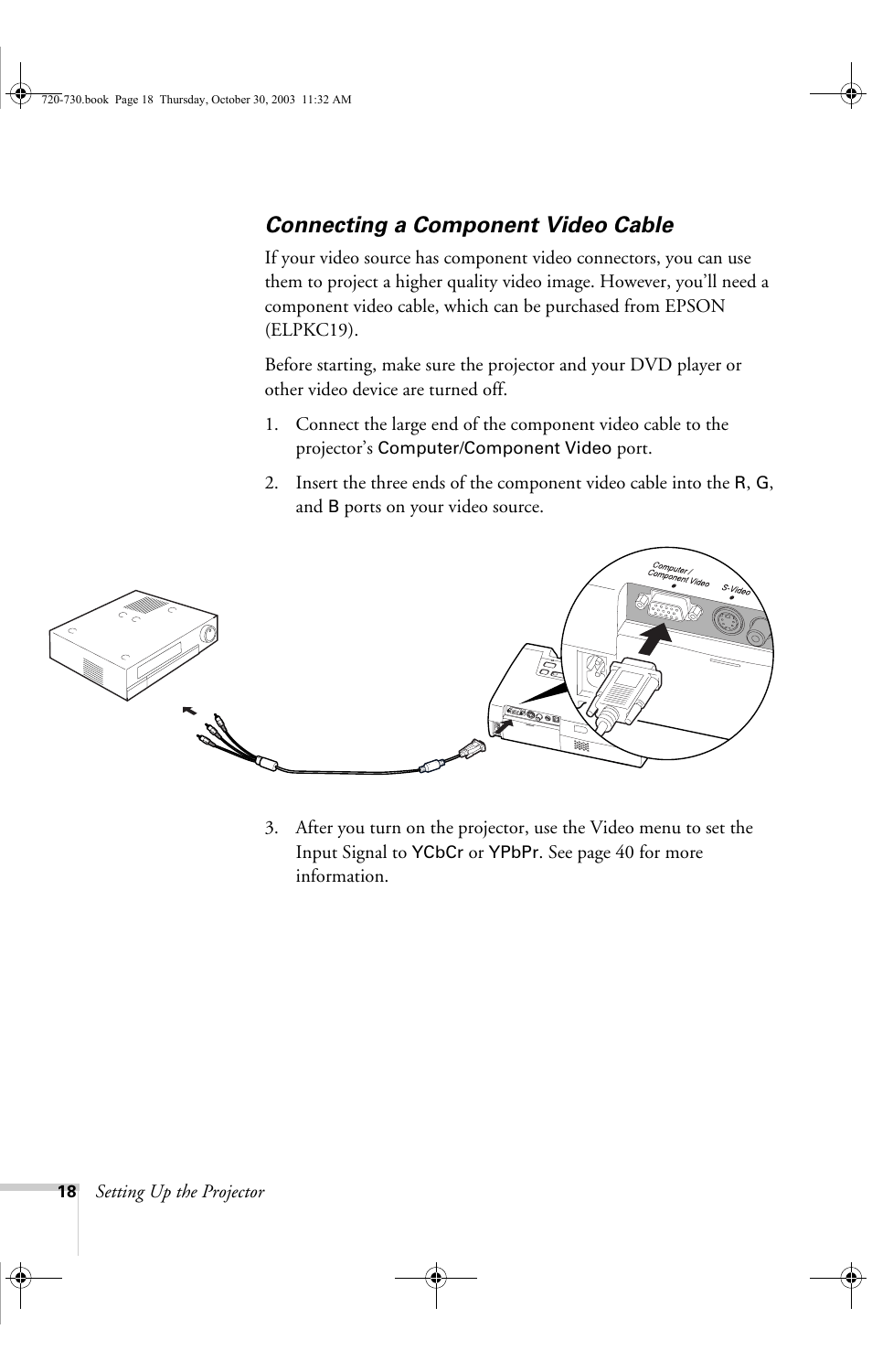Connecting a component video cable | Epson 730c User Manual | Page 24 / 106