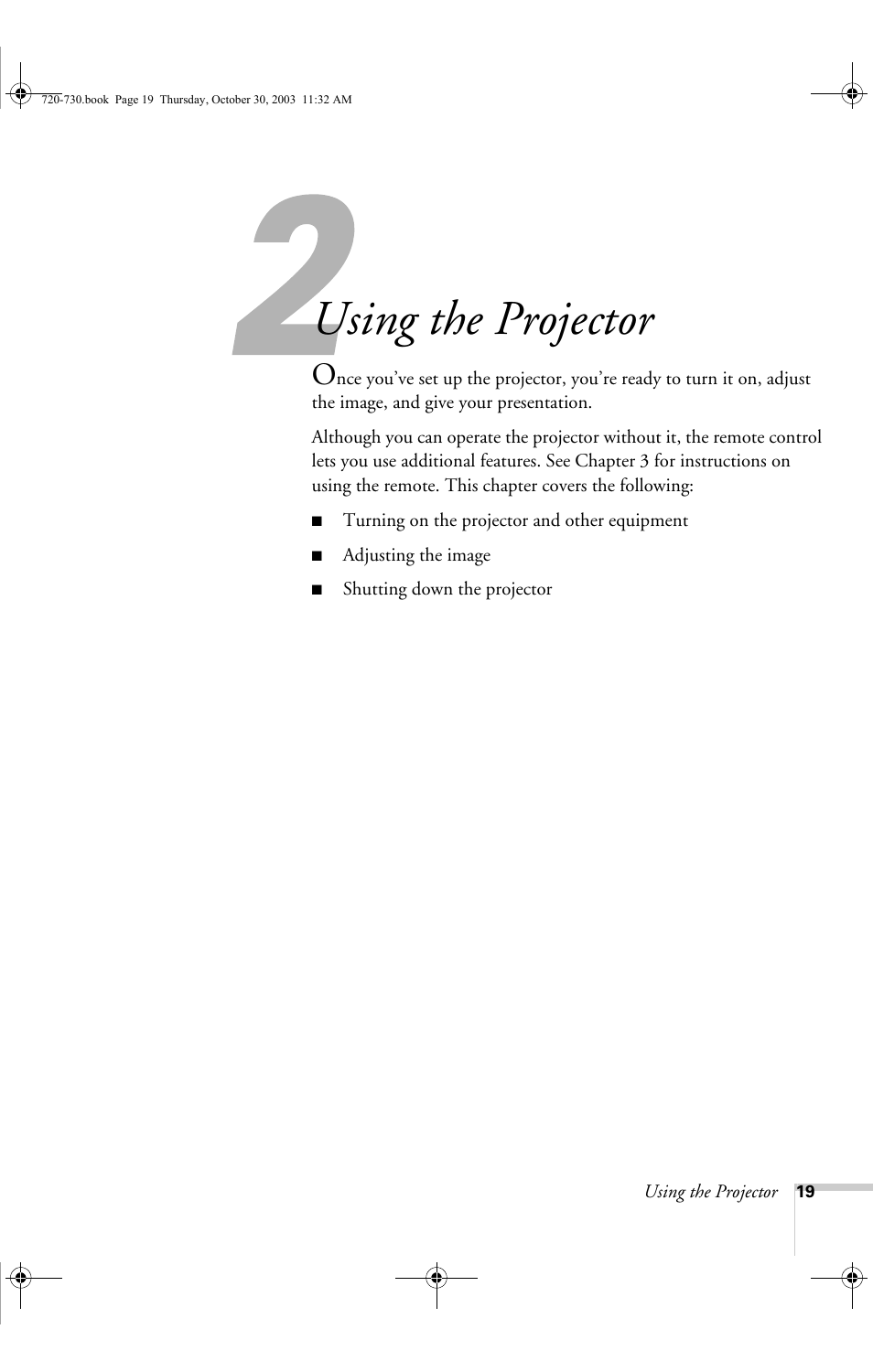 Using the projector | Epson 730c User Manual | Page 25 / 106
