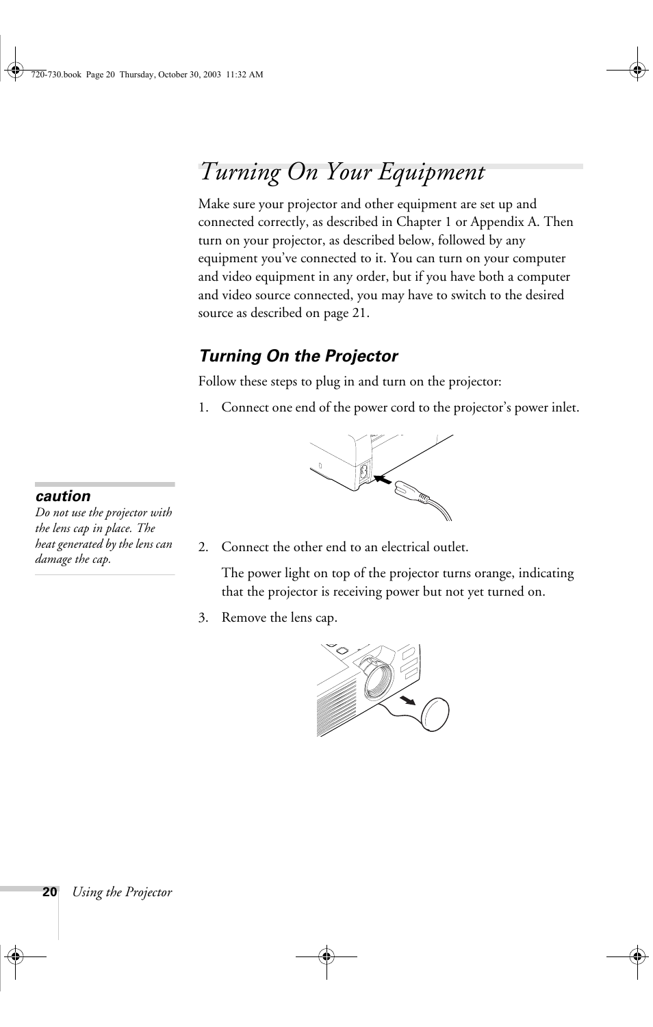 Turning on your equipment, Turning on the projector | Epson 730c User Manual | Page 26 / 106