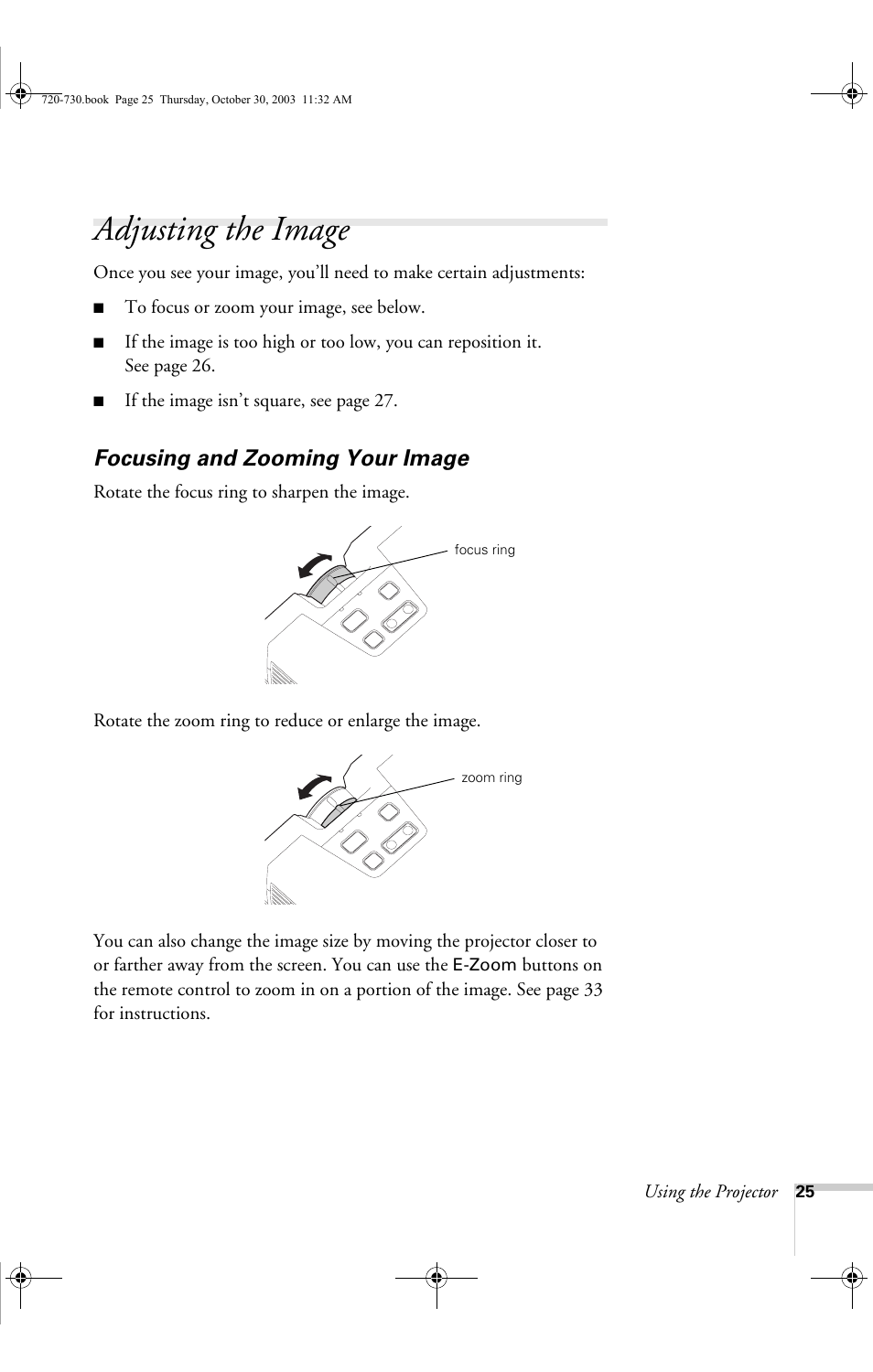 Adjusting the image, Focusing and zooming your image | Epson 730c User Manual | Page 31 / 106