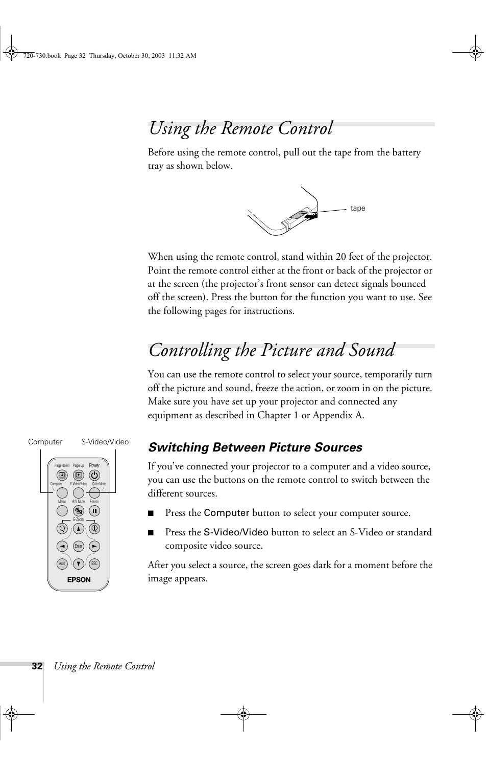 Using the remote control, Controlling the picture and sound, Switching between picture sources | Press the, Button to select your computer source | Epson 730c User Manual | Page 38 / 106