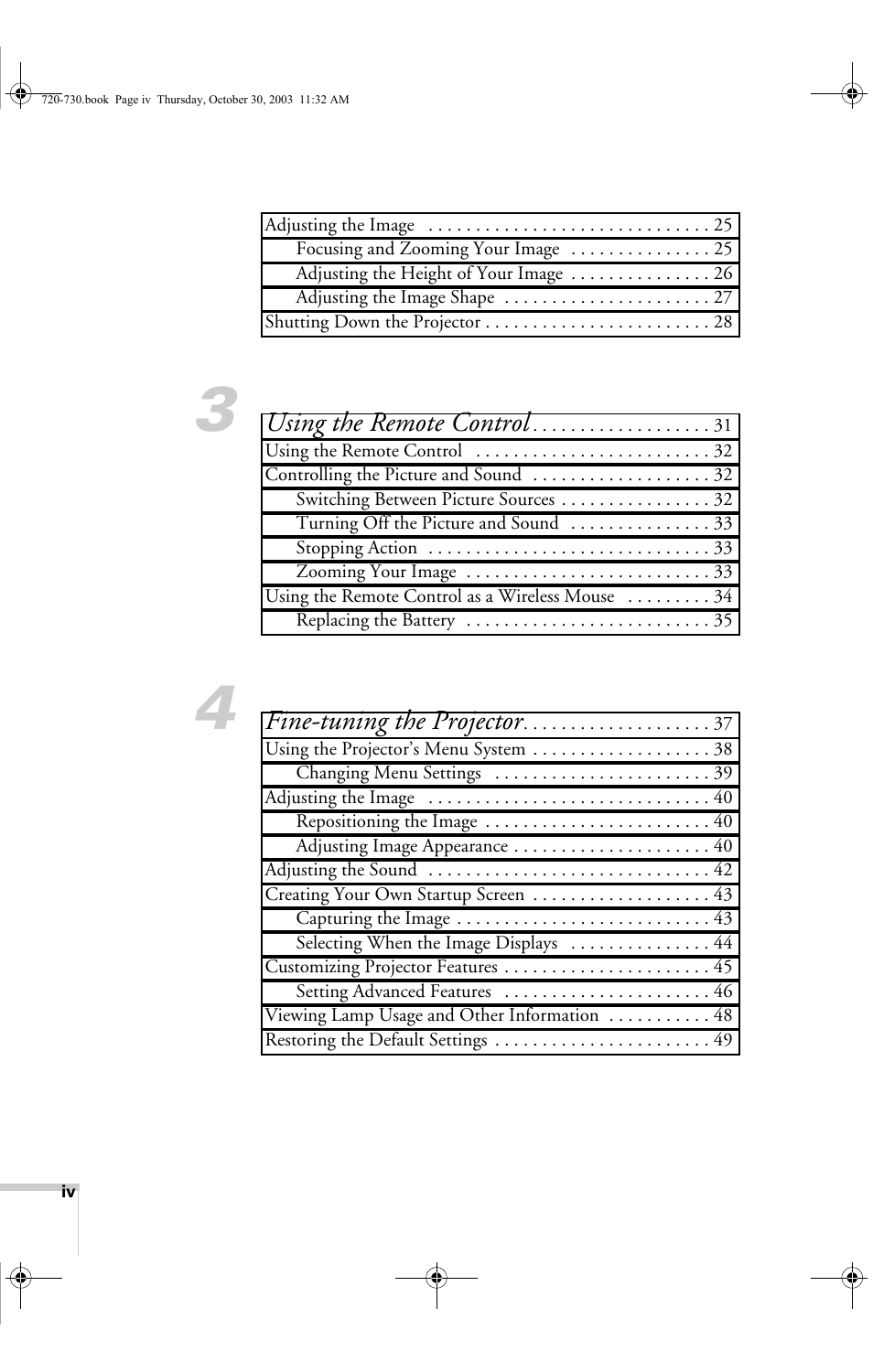 Using the remote control, Fine-tuning the projector | Epson 730c User Manual | Page 4 / 106