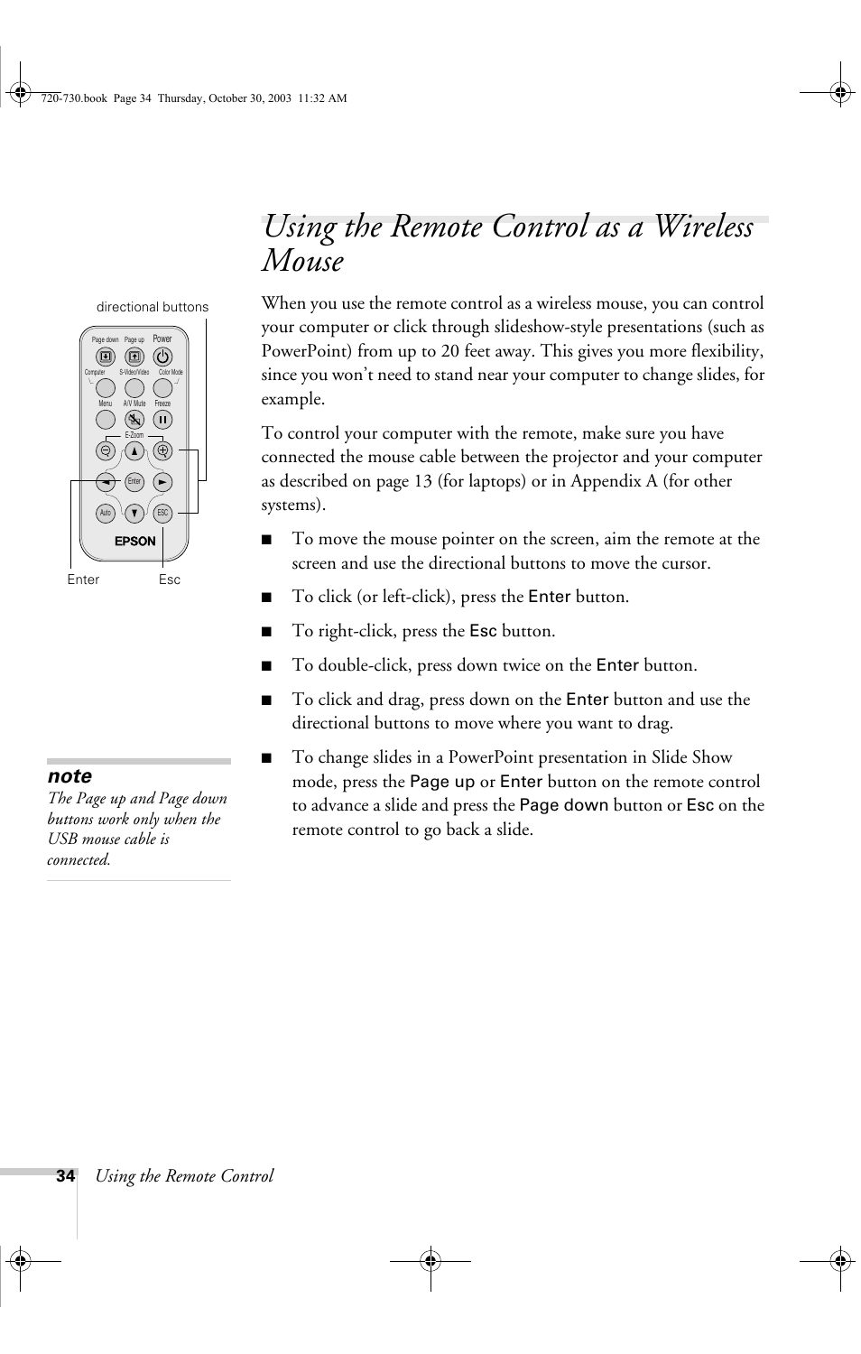 Using the remote control as a wireless mouse, Using the remote control, Button | Button or, On the remote control to go back a slide | Epson 730c User Manual | Page 40 / 106