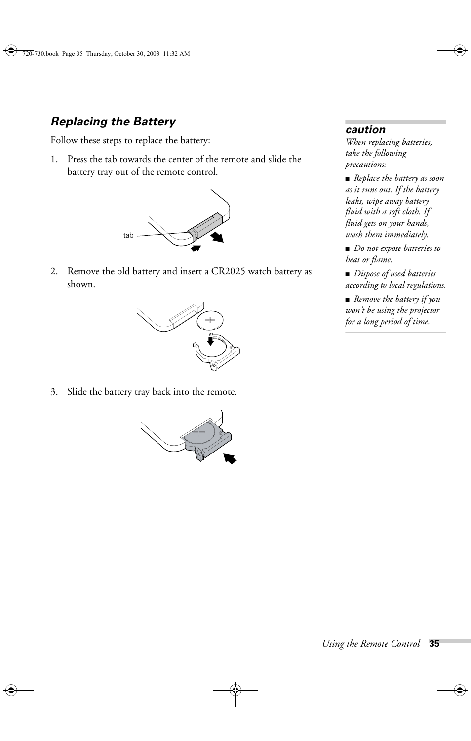 Replacing the battery, Caution | Epson 730c User Manual | Page 41 / 106