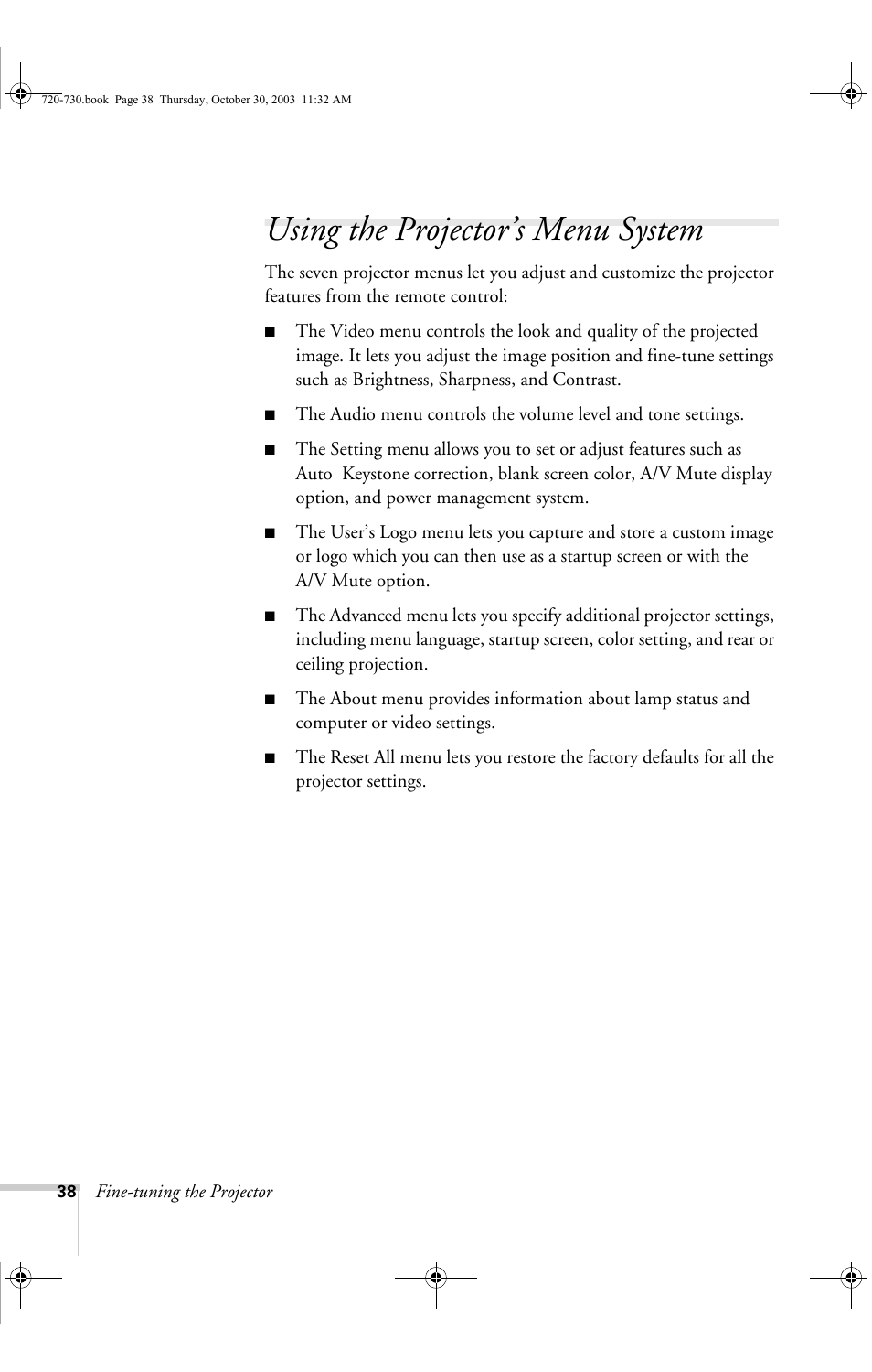 Using the projector’s menu system | Epson 730c User Manual | Page 44 / 106