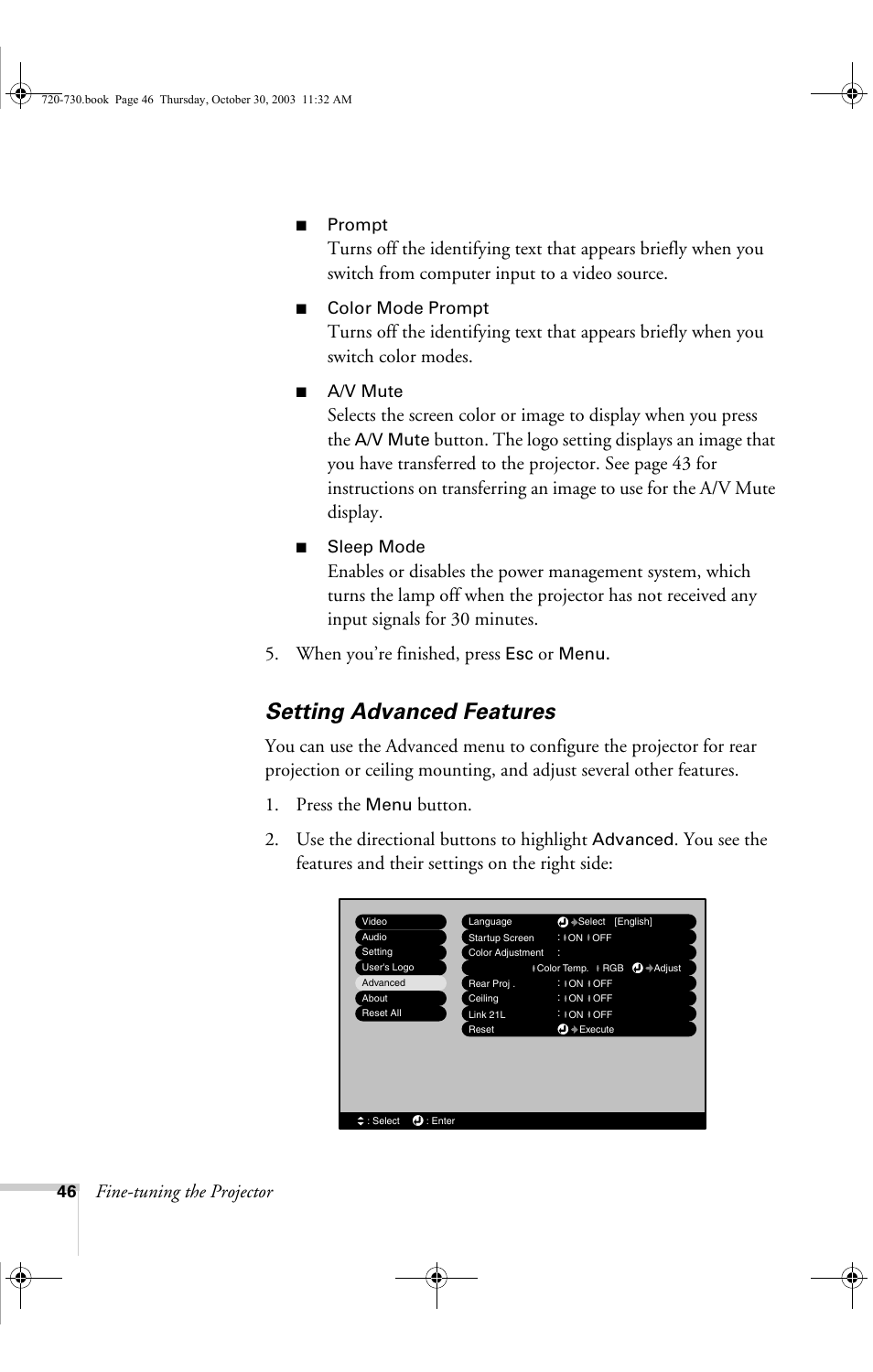 Setting advanced features, Fine-tuning the projector, Prompt | Color mode prompt, A/v mute, Sleep mode, Menu, Advanced | Epson 730c User Manual | Page 52 / 106