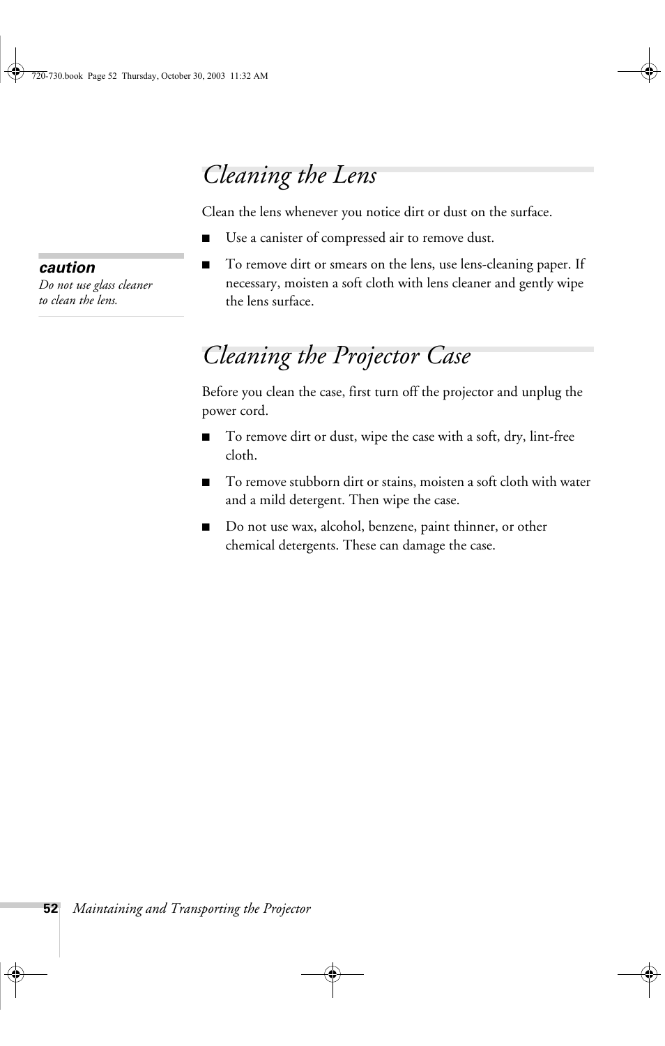 Cleaning the lens, Cleaning the projector case, Cleaning the lens cleaning the projector case | Epson 730c User Manual | Page 58 / 106