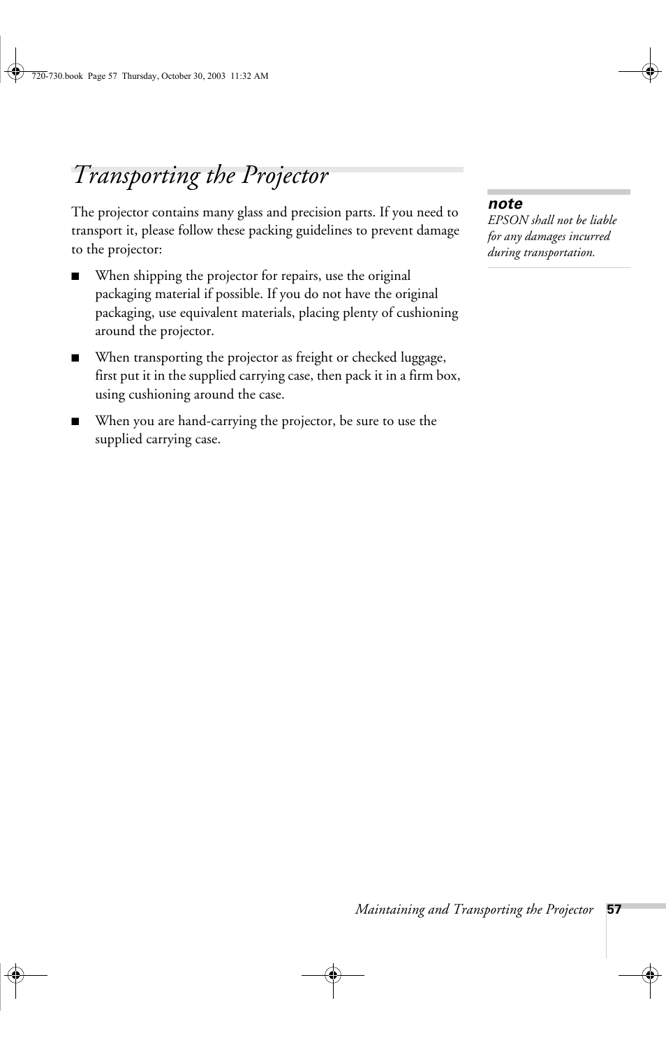 Transporting the projector | Epson 730c User Manual | Page 63 / 106