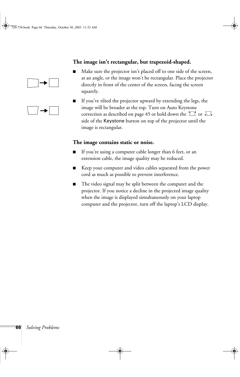 The image isn’t rectangular, but trapezoid-shaped, The image contains static or noise | Epson 730c User Manual | Page 72 / 106