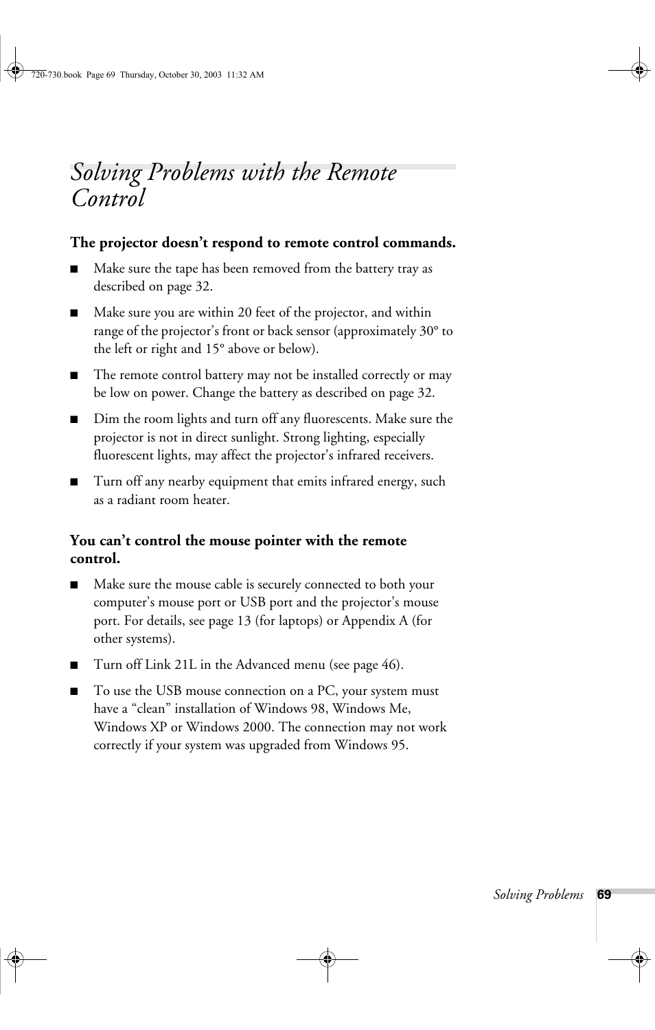 Solving problems with the remote control | Epson 730c User Manual | Page 75 / 106