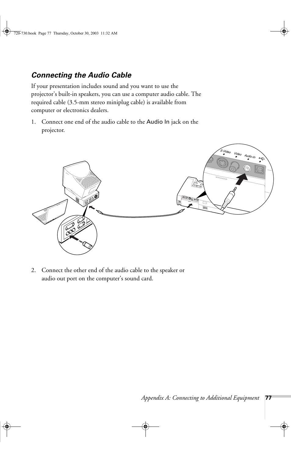 Connecting the audio cable | Epson 730c User Manual | Page 83 / 106