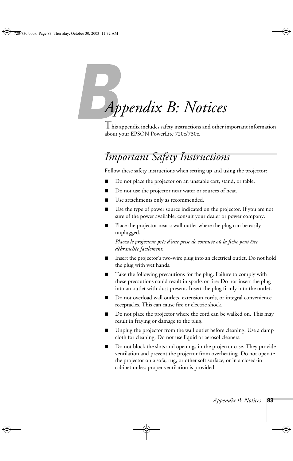 Appendix b: notices, Important safety instructions | Epson 730c User Manual | Page 89 / 106