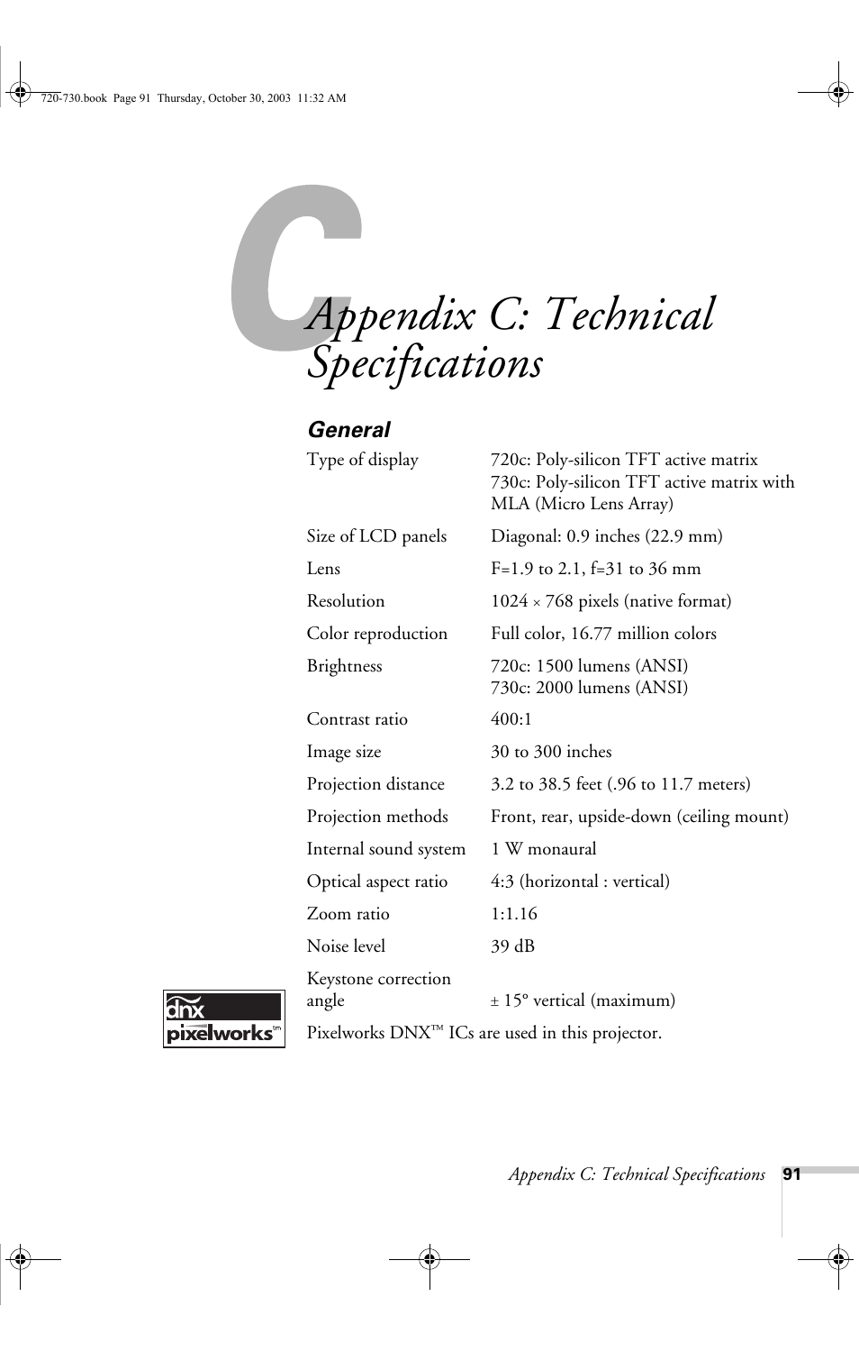 Appendix c: technical specifications, General | Epson 730c User Manual | Page 97 / 106