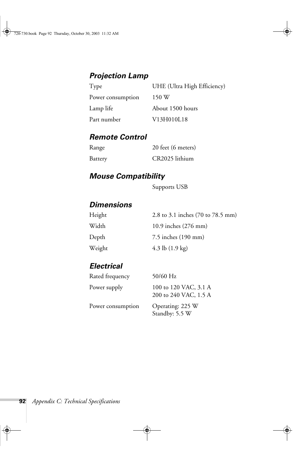 Projection lamp, Remote control, Mouse compatibility | Dimensions, Electrical | Epson 730c User Manual | Page 98 / 106