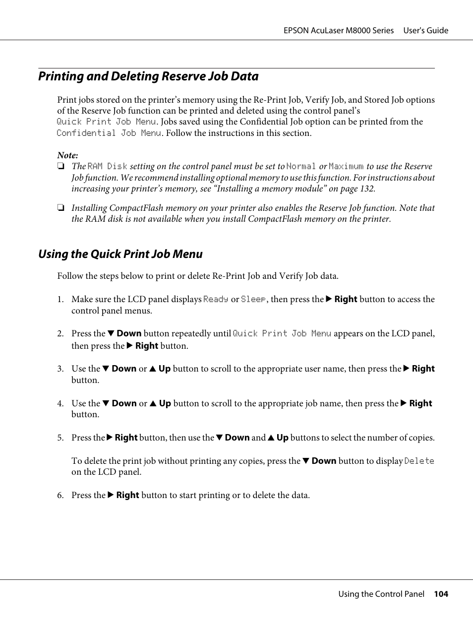 Printing and deleting reserve job data, Using the quick print job menu | Epson ACULASER M8000 series User Manual | Page 104 / 248