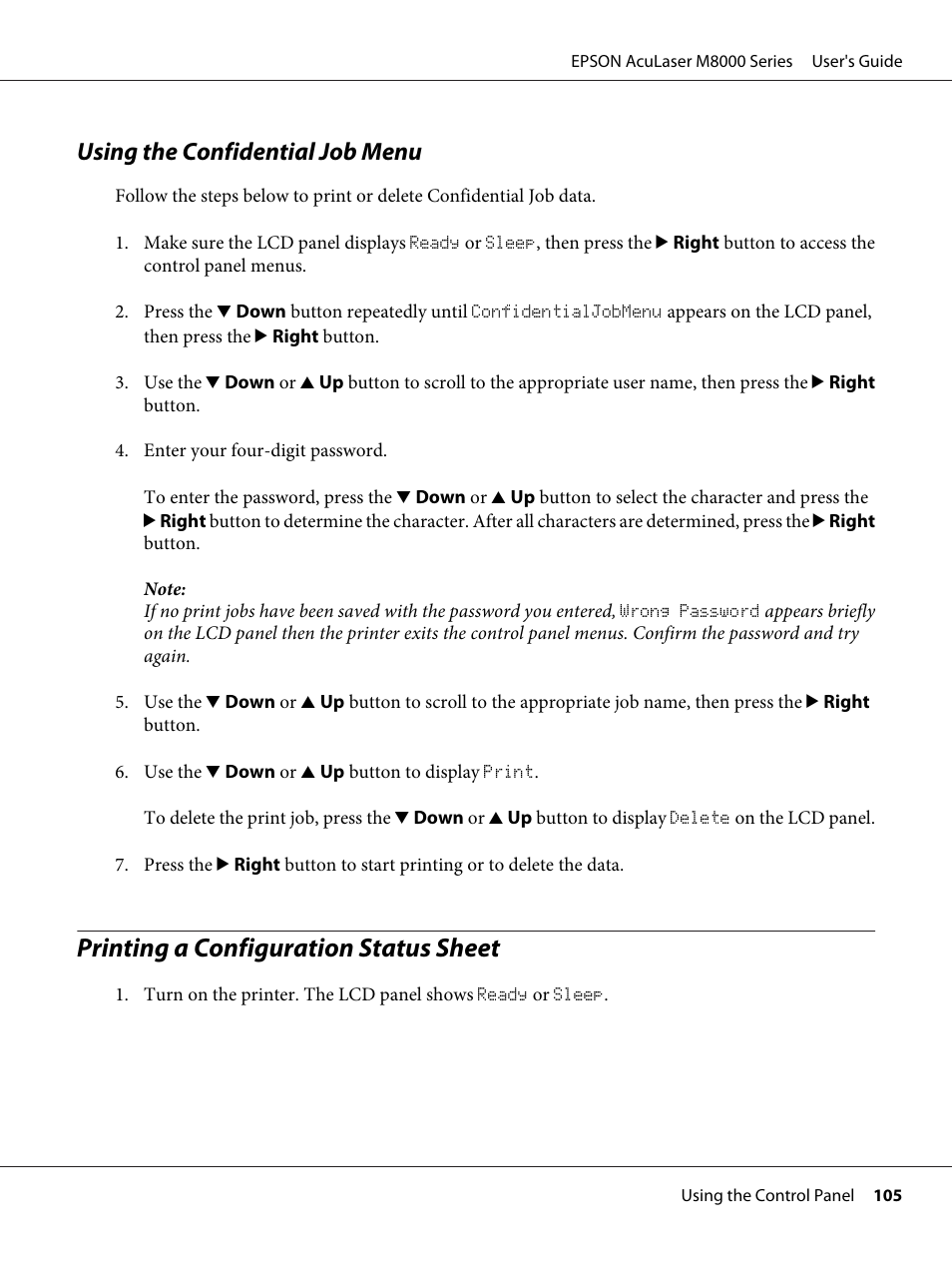 Using the confidential job menu, Printing a configuration status sheet | Epson ACULASER M8000 series User Manual | Page 105 / 248