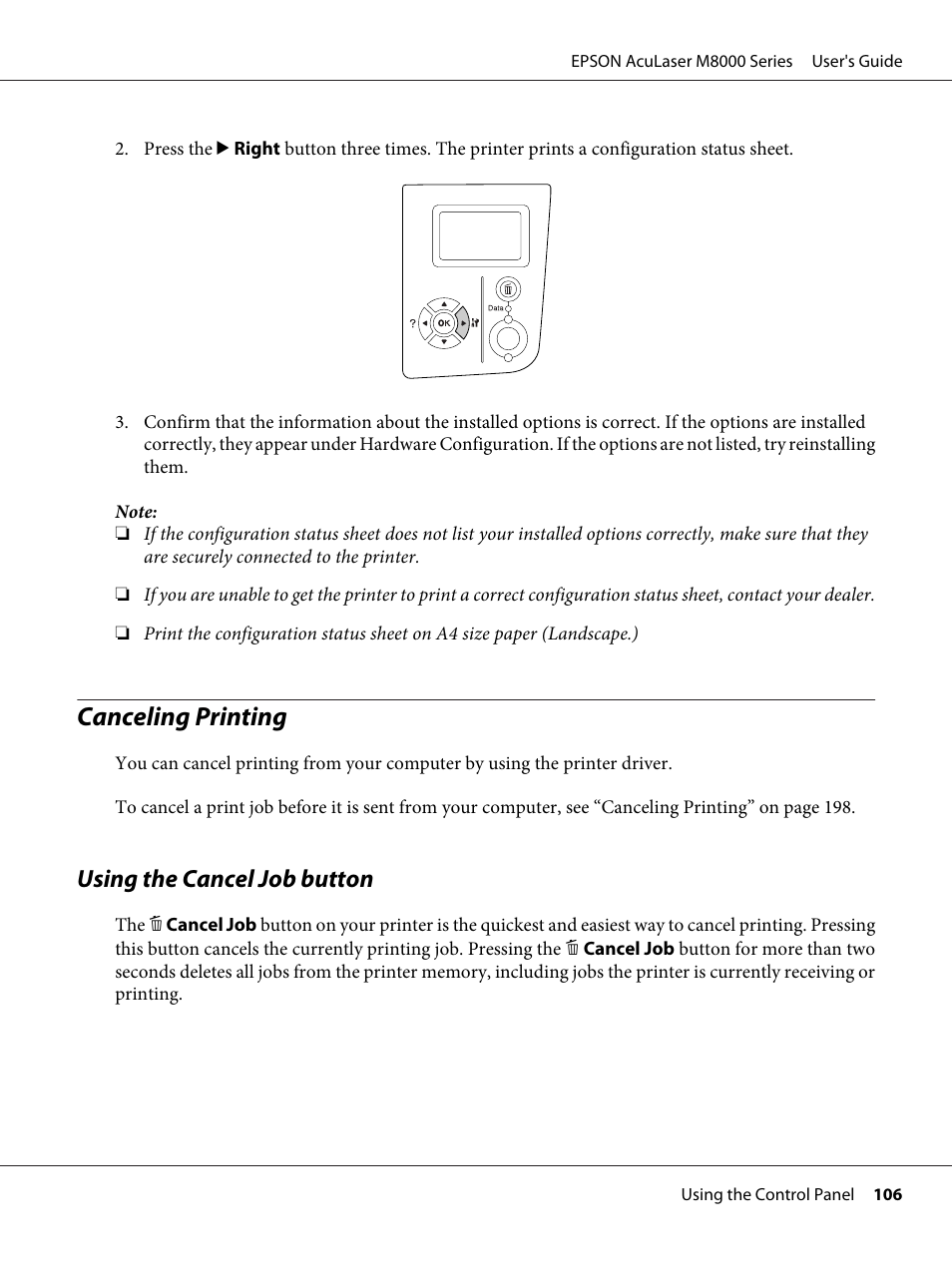 Canceling printing, Using the cancel job button | Epson ACULASER M8000 series User Manual | Page 106 / 248
