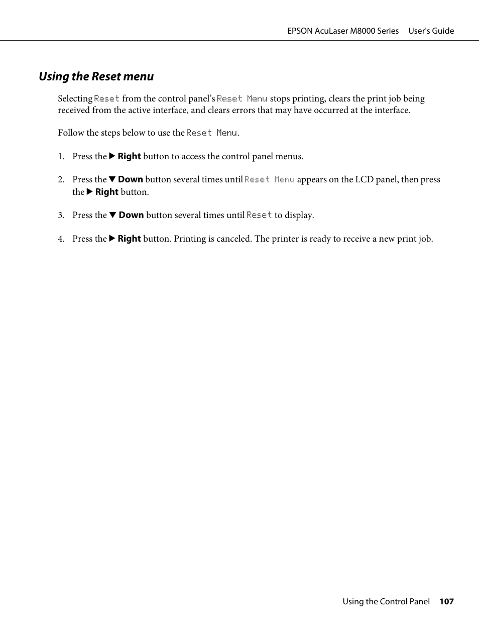 Using the reset menu | Epson ACULASER M8000 series User Manual | Page 107 / 248