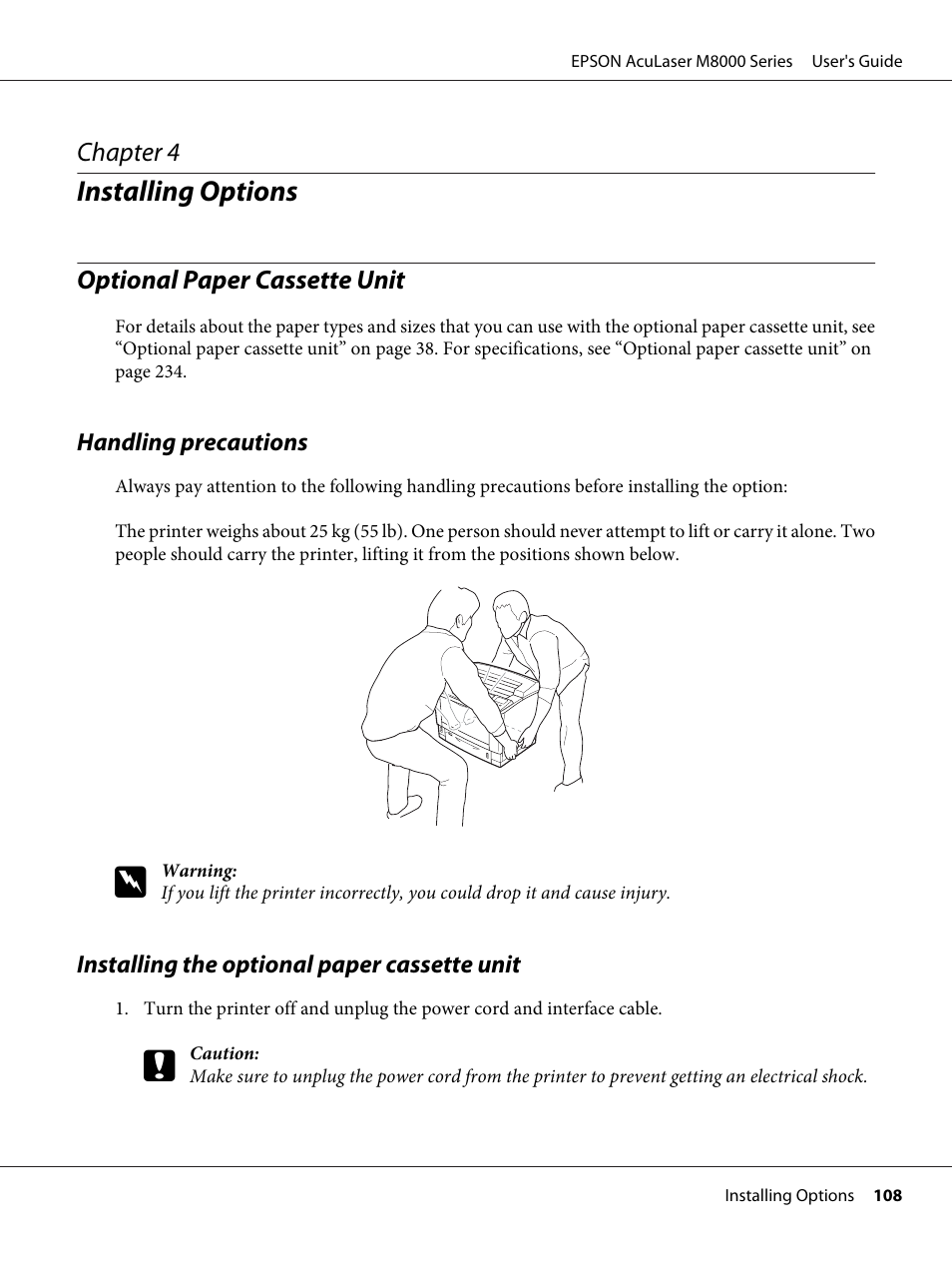 Installing options, Optional paper cassette unit, Handling precautions | Installing the optional paper cassette unit, Chapter 4 installing options | Epson ACULASER M8000 series User Manual | Page 108 / 248