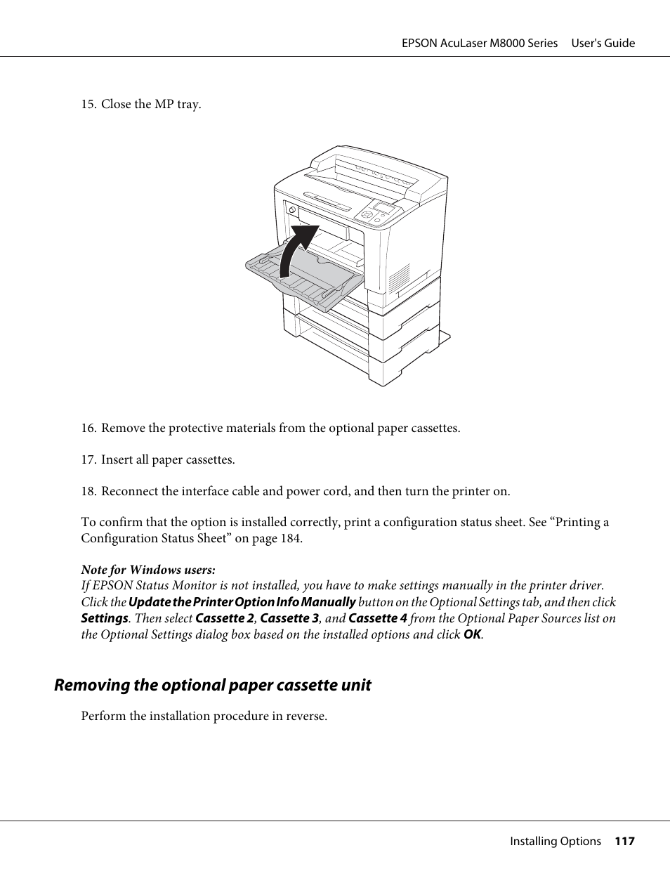 Removing the optional paper cassette unit | Epson ACULASER M8000 series User Manual | Page 117 / 248