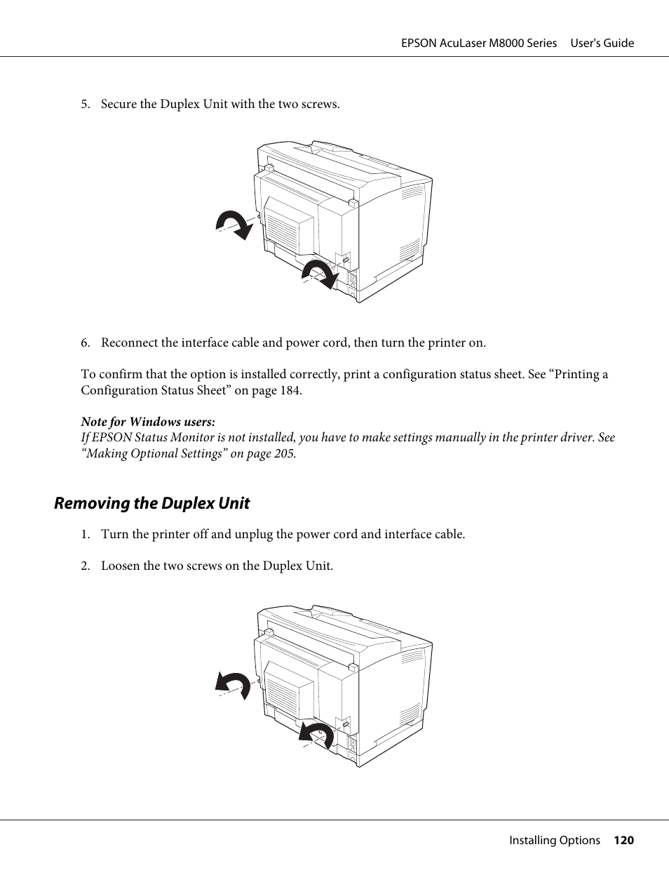 Removing the duplex unit | Epson ACULASER M8000 series User Manual | Page 120 / 248