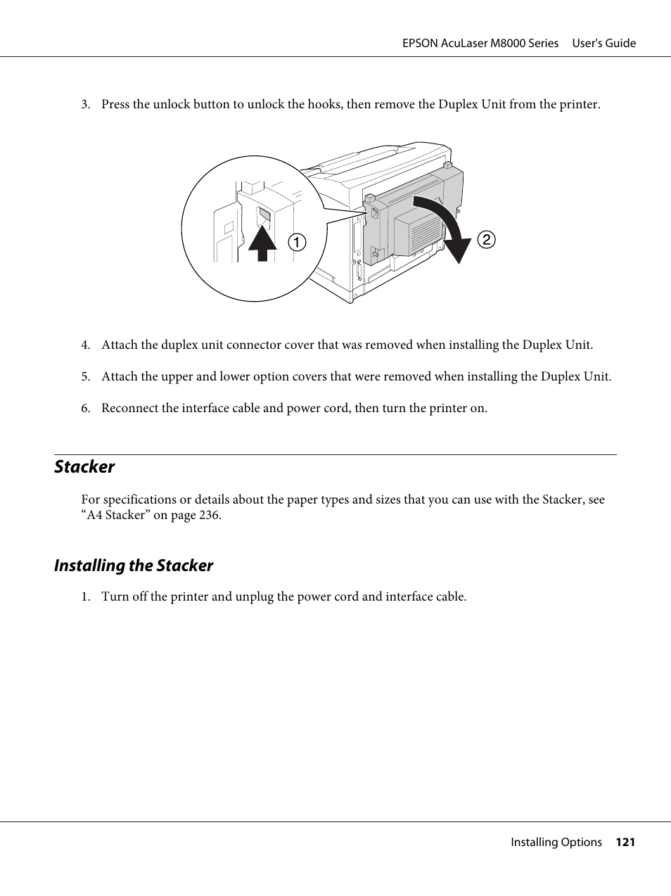 Stacker, Installing the stacker | Epson ACULASER M8000 series User Manual | Page 121 / 248