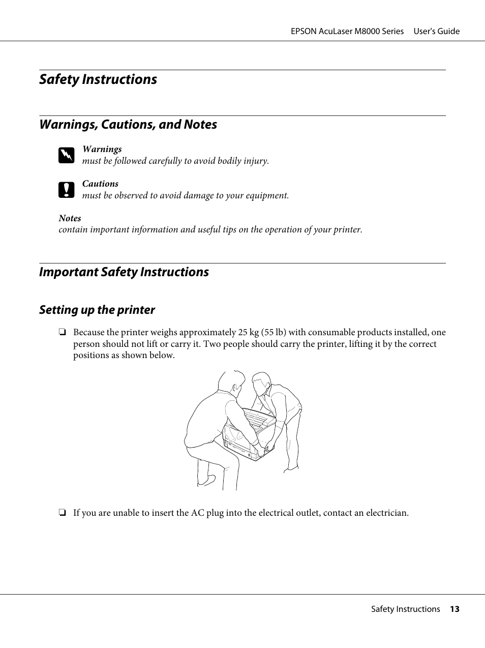 Safety instructions, Warnings, cautions, and notes, Important safety instructions | Setting up the printer | Epson ACULASER M8000 series User Manual | Page 13 / 248