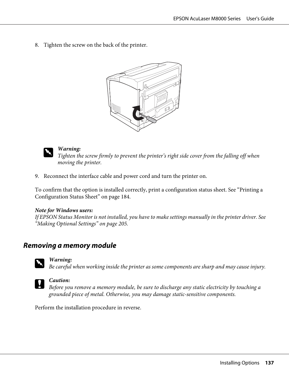 Removing a memory module | Epson ACULASER M8000 series User Manual | Page 137 / 248