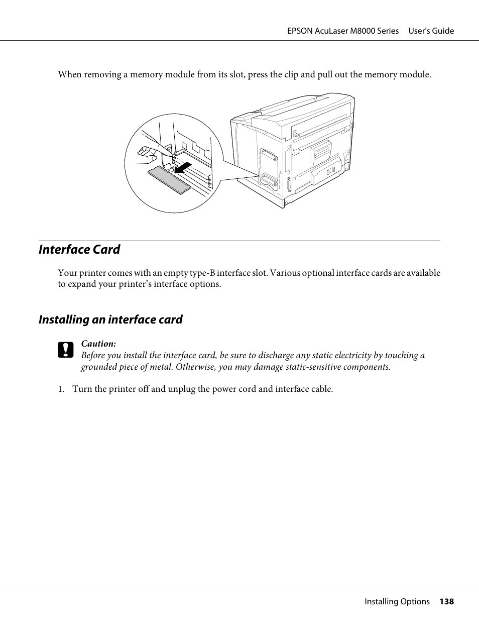 Interface card, Installing an interface card | Epson ACULASER M8000 series User Manual | Page 138 / 248