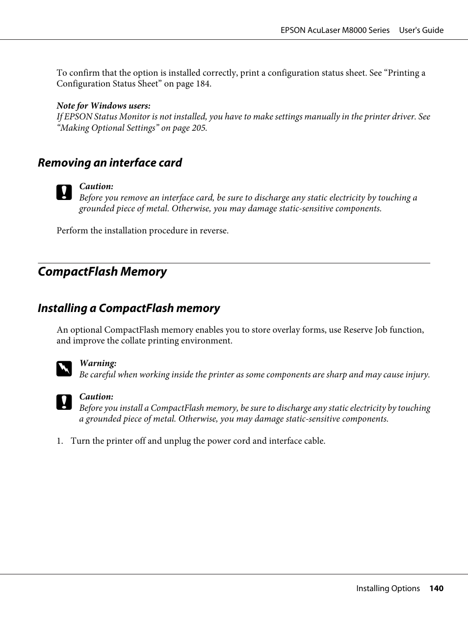 Removing an interface card, Compactflash memory, Installing a compactflash memory | Epson ACULASER M8000 series User Manual | Page 140 / 248