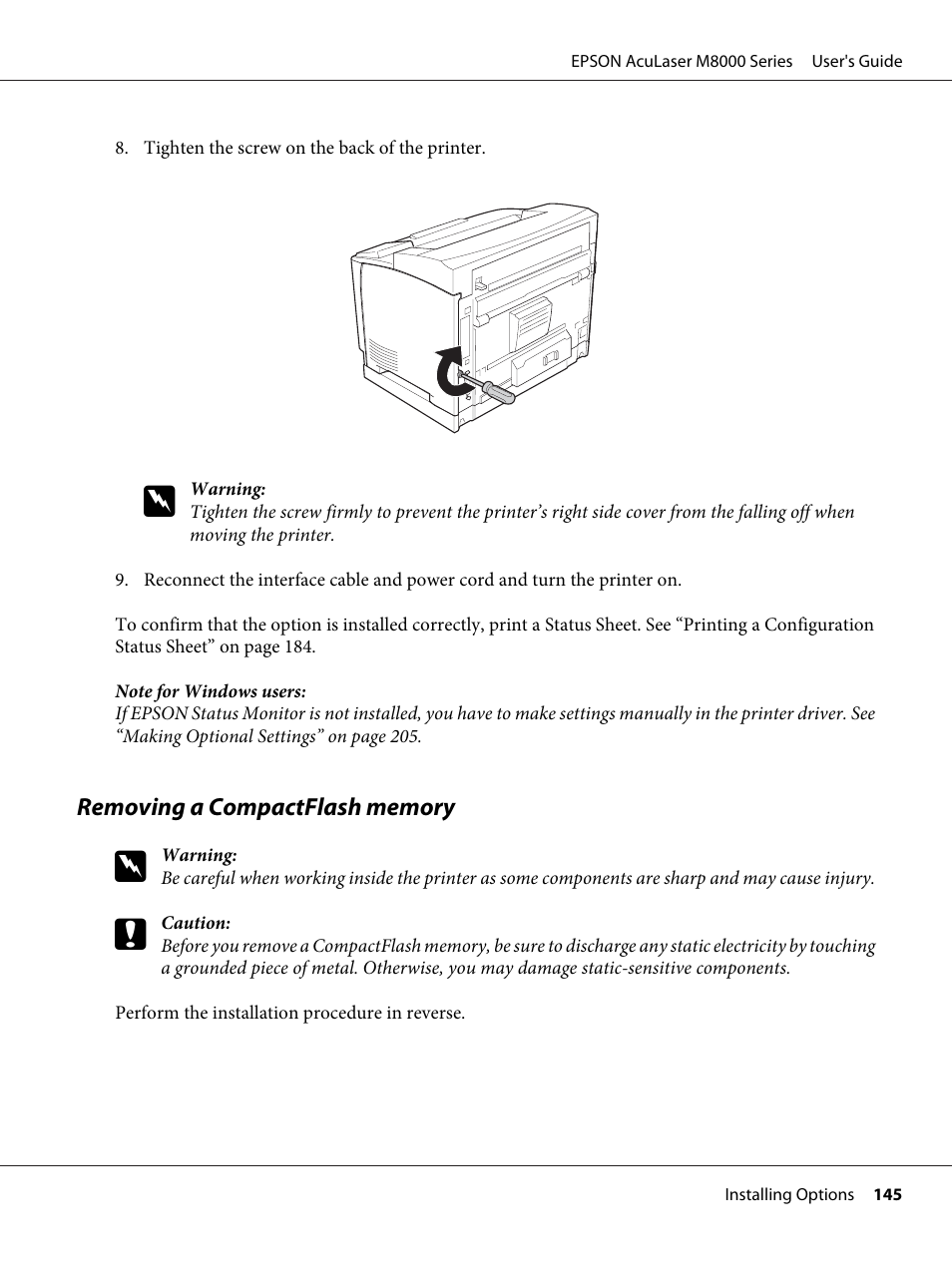 Removing a compactflash memory | Epson ACULASER M8000 series User Manual | Page 145 / 248