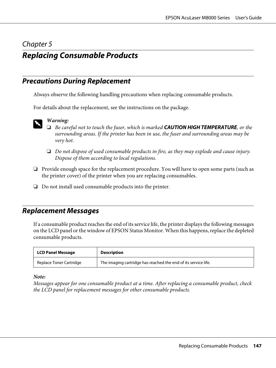 Replacing consumable products, Precautions during replacement, Replacement messages | Chapter 5 replacing consumable products, Chapter 5 | Epson ACULASER M8000 series User Manual | Page 147 / 248