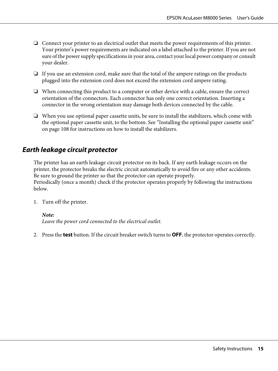 Earth leakage circuit protector | Epson ACULASER M8000 series User Manual | Page 15 / 248