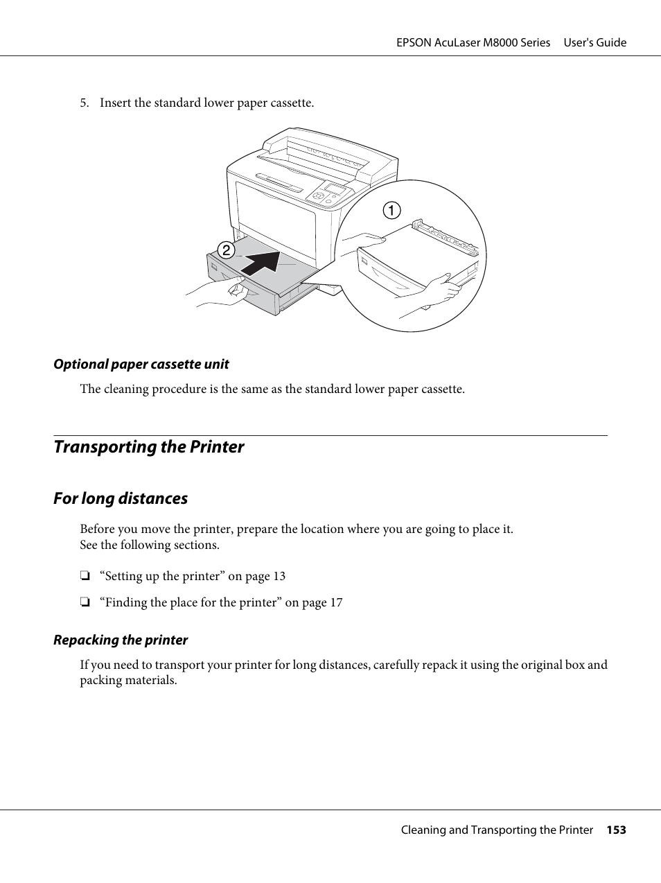 Transporting the printer, For long distances | Epson ACULASER M8000 series User Manual | Page 153 / 248