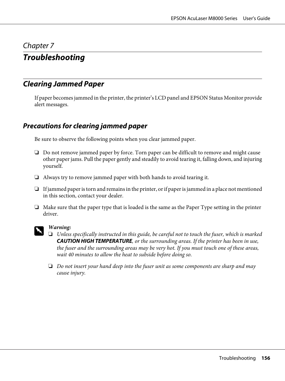 Troubleshooting, Clearing jammed paper, Precautions for clearing jammed paper | Chapter 7 troubleshooting, Chapter 7 | Epson ACULASER M8000 series User Manual | Page 156 / 248