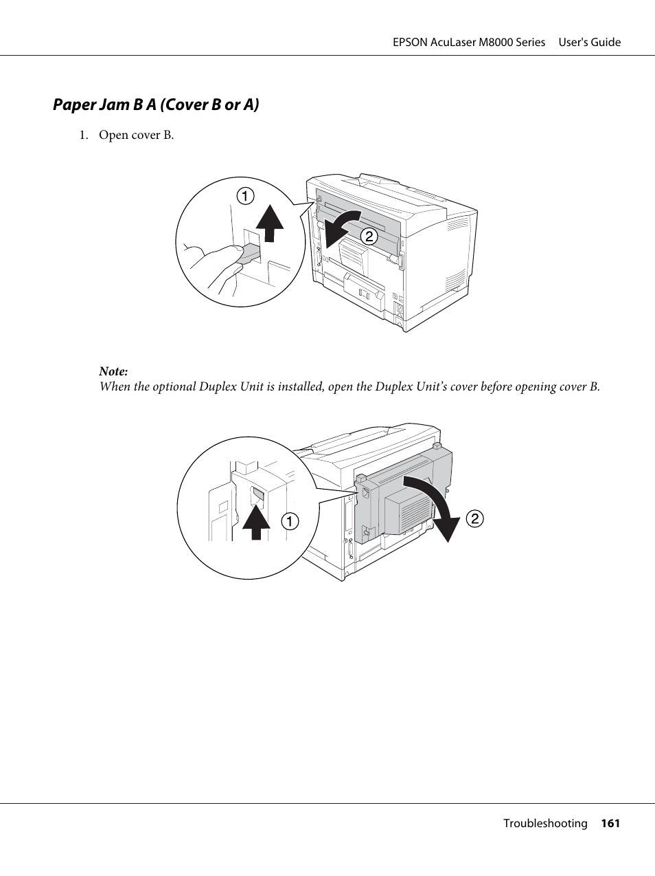 Paper jam b a (cover b or a) | Epson ACULASER M8000 series User Manual | Page 161 / 248