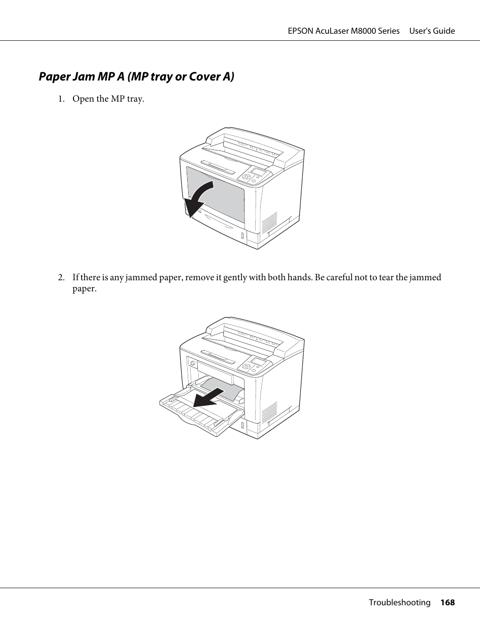 Paper jam mp a (mp tray or cover a) | Epson ACULASER M8000 series User Manual | Page 168 / 248