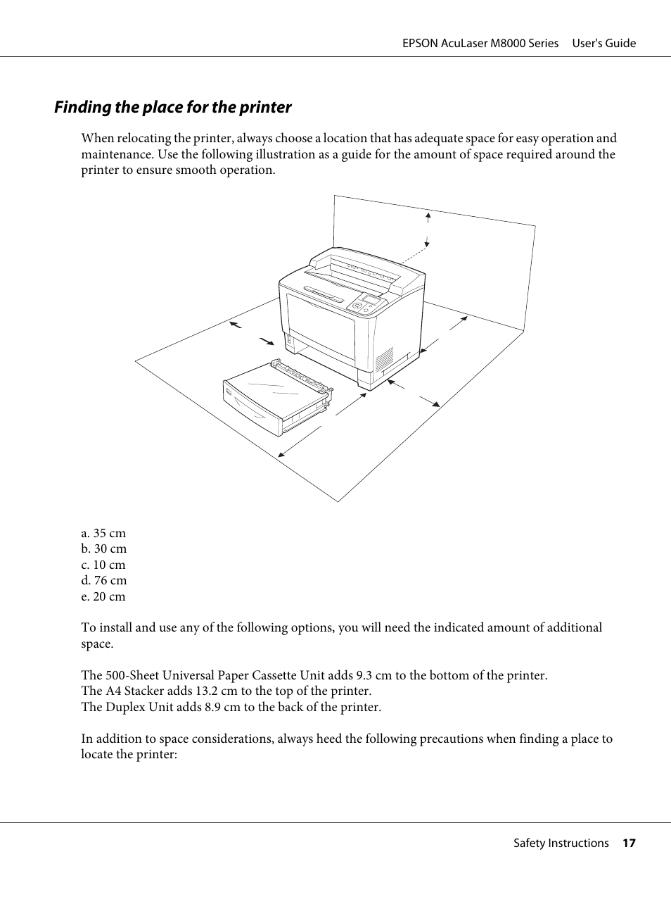 Finding the place for the printer | Epson ACULASER M8000 series User Manual | Page 17 / 248