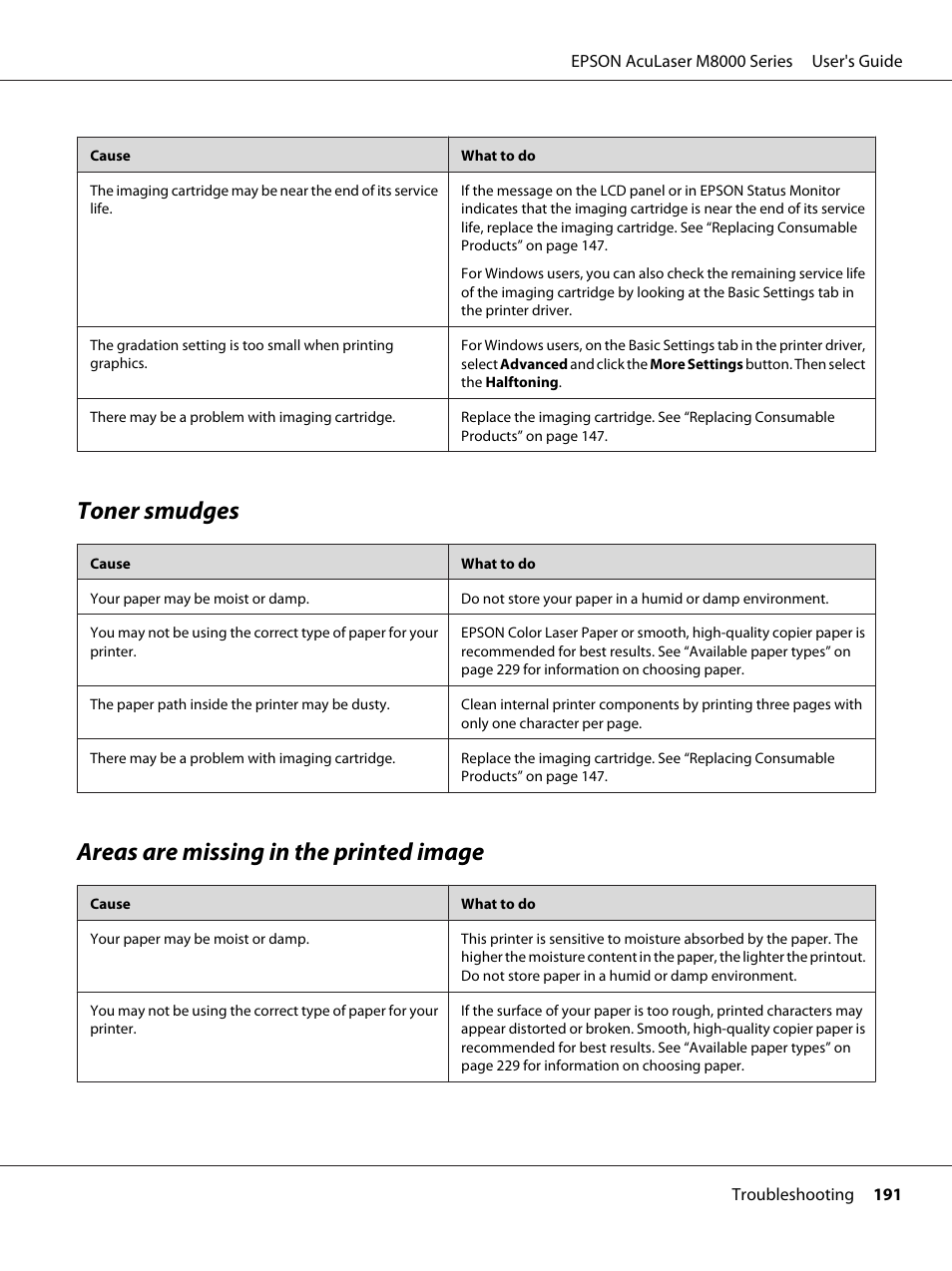 Toner smudges, Areas are missing in the printed image | Epson ACULASER M8000 series User Manual | Page 191 / 248