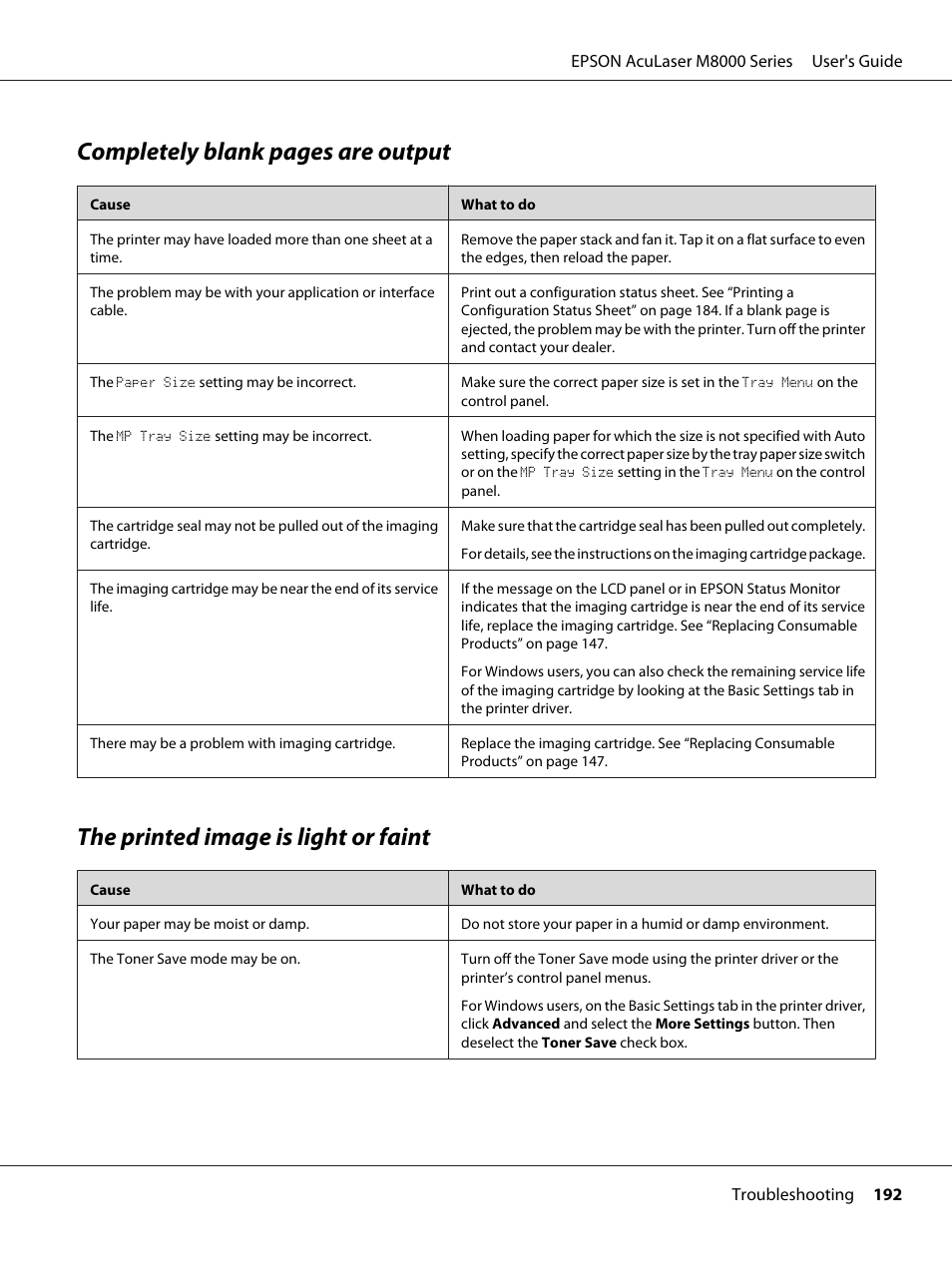 The printed image is light or faint, Completely blank pages are output | Epson ACULASER M8000 series User Manual | Page 192 / 248