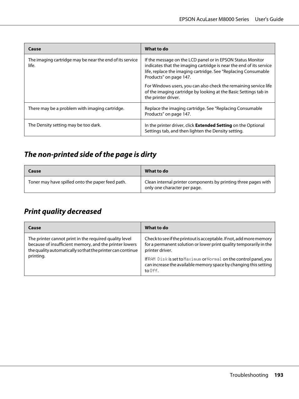 Print quality decreased, The non-printed side of the page is dirty | Epson ACULASER M8000 series User Manual | Page 193 / 248