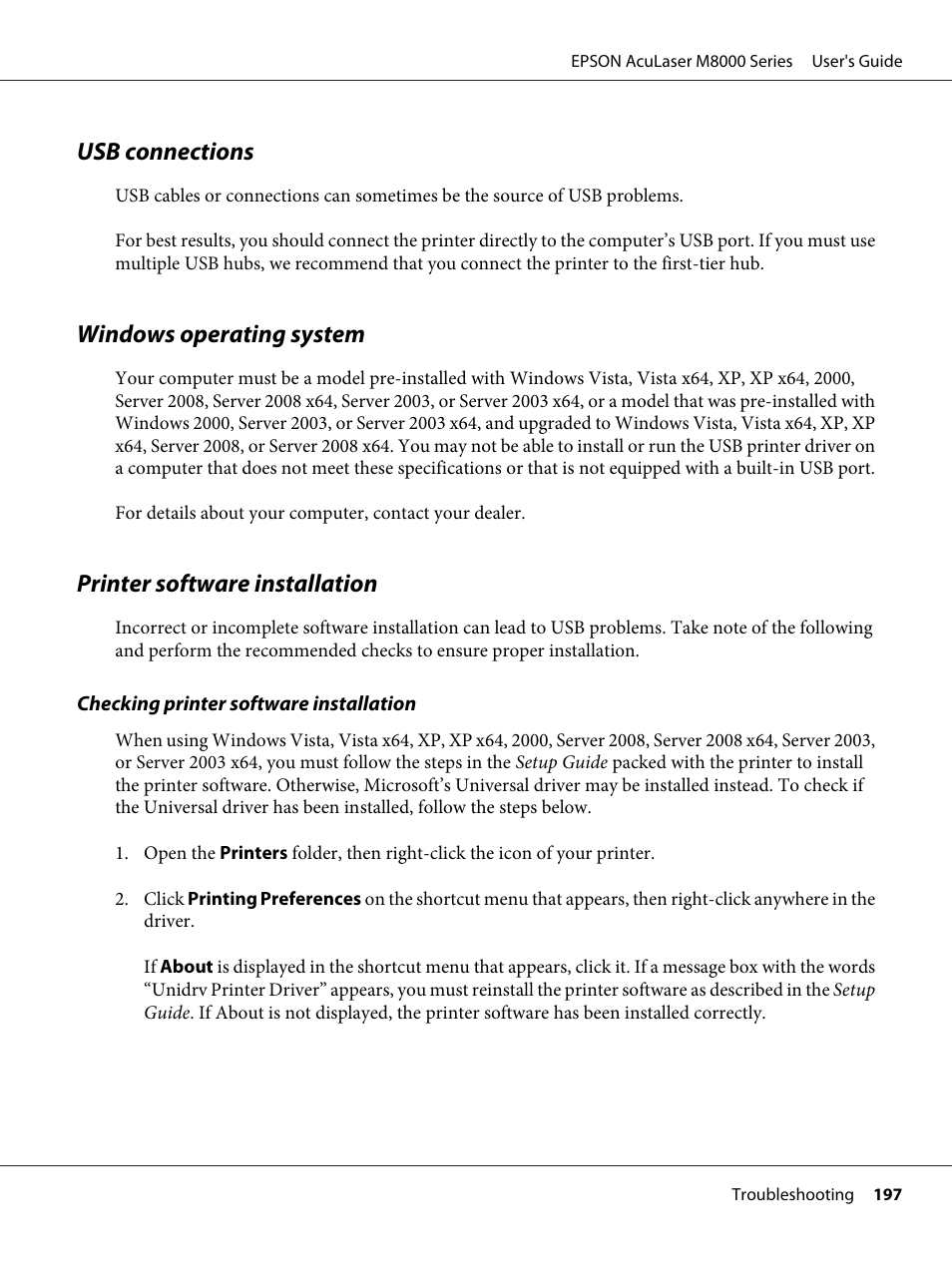 Usb connections, Windows operating system, Printer software installation | Epson ACULASER M8000 series User Manual | Page 197 / 248