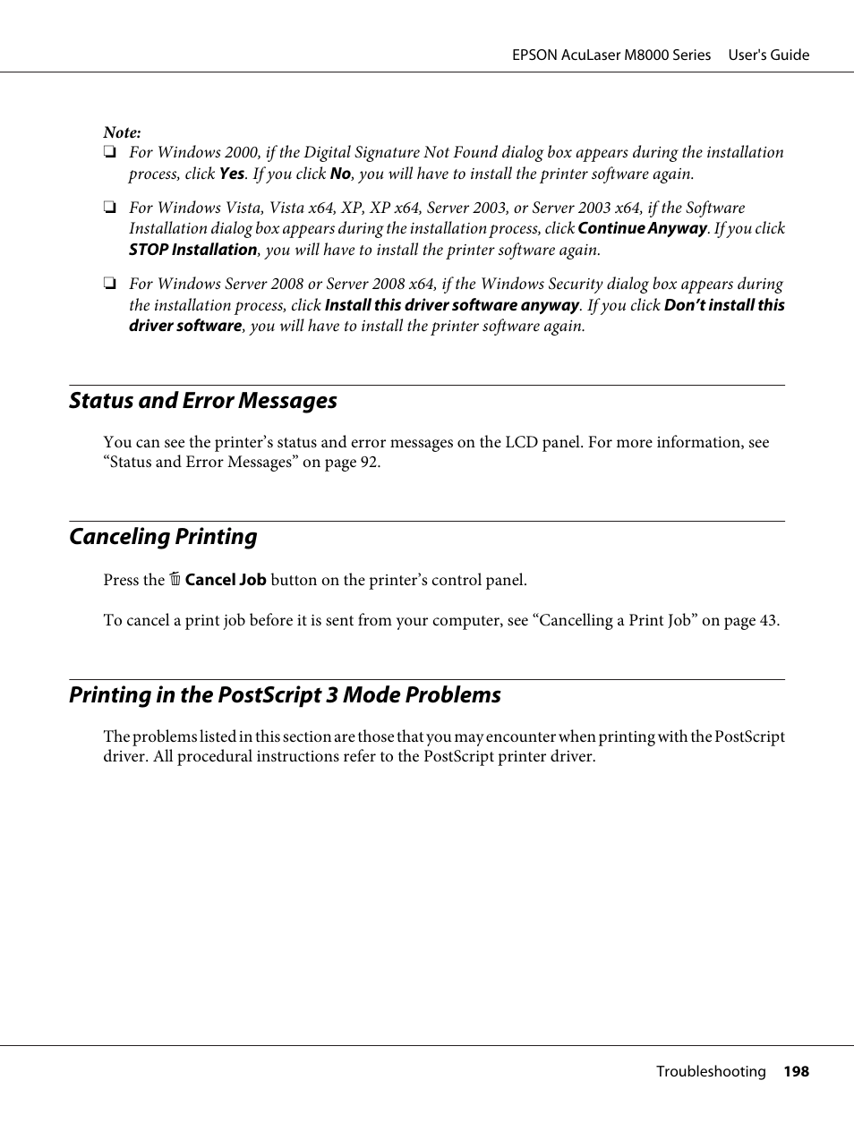 Status and error messages, Canceling printing, Printing in the postscript 3 mode problems | Status and error messages canceling printing | Epson ACULASER M8000 series User Manual | Page 198 / 248