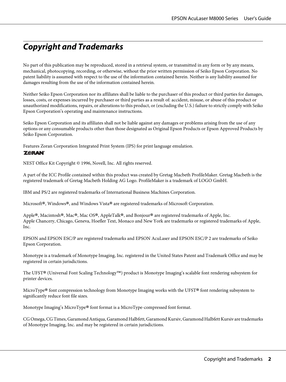 Copyright and trademarks | Epson ACULASER M8000 series User Manual | Page 2 / 248