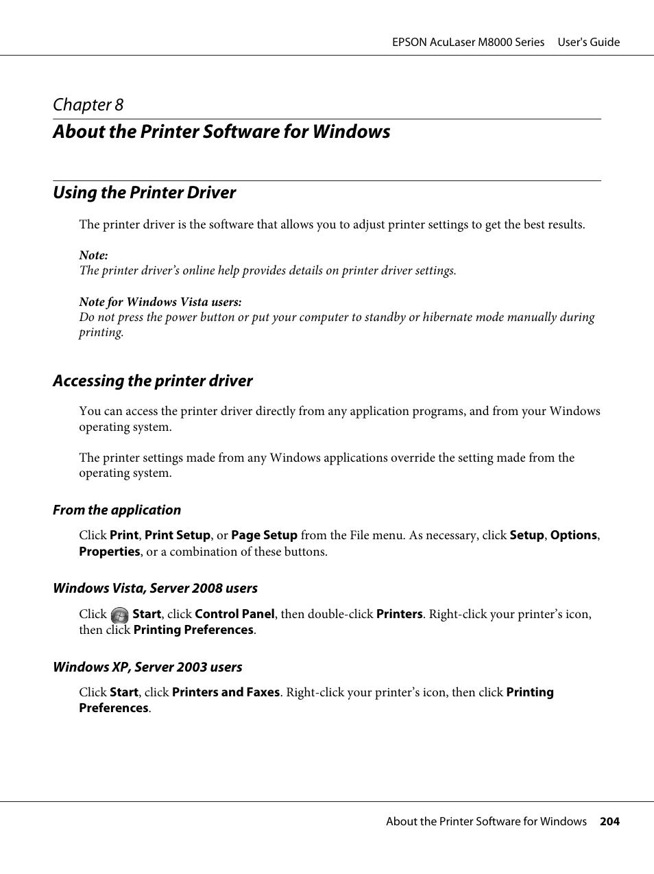 About the printer software for windows, Using the printer driver, Accessing the printer driver | Chapter 8 about the printer software for windows, Chapter 8 | Epson ACULASER M8000 series User Manual | Page 204 / 248