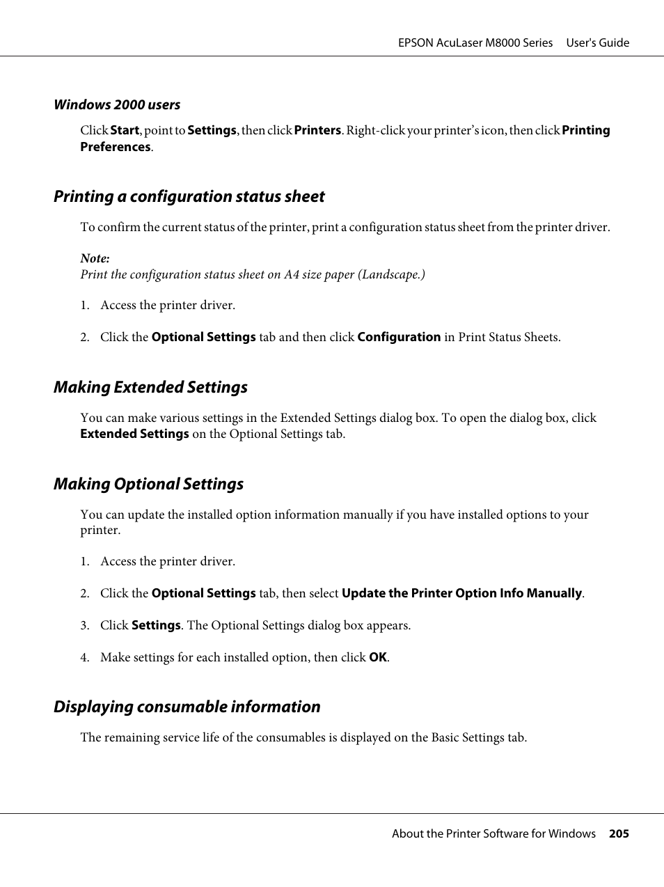 Printing a configuration status sheet, Making extended settings, Making optional settings | Displaying consumable information | Epson ACULASER M8000 series User Manual | Page 205 / 248